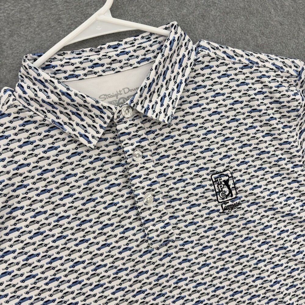 Straight Down TPC Sawgrass Golf Polo Mens M Blue Car Print Performance Shirt